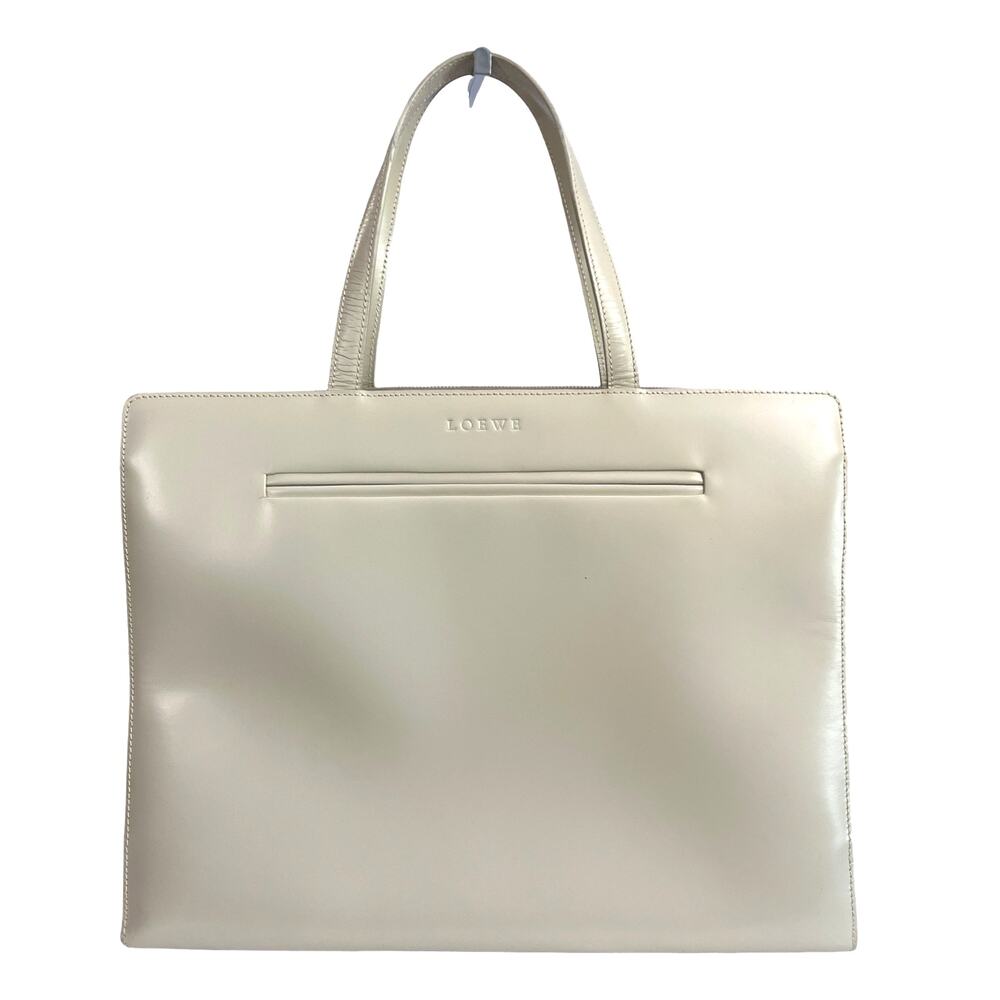 Vintage Loewe Cream Smooth Leather Structured Tote Bag Zip Top Minimalist Spain